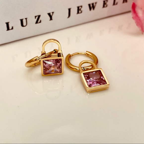 18K Gold Padlock Pink CZ Round Hinged Hoop Earrings - Picture 3 of 7
